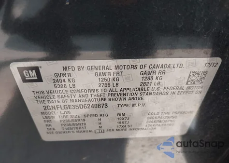 2013 Chevrolet Equinox Ltz from USA, damaged, VIN 2GNFLGE35D6240873